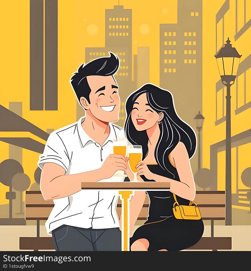 AI-generated flat  of a cheerful couple on a date in an urban scene