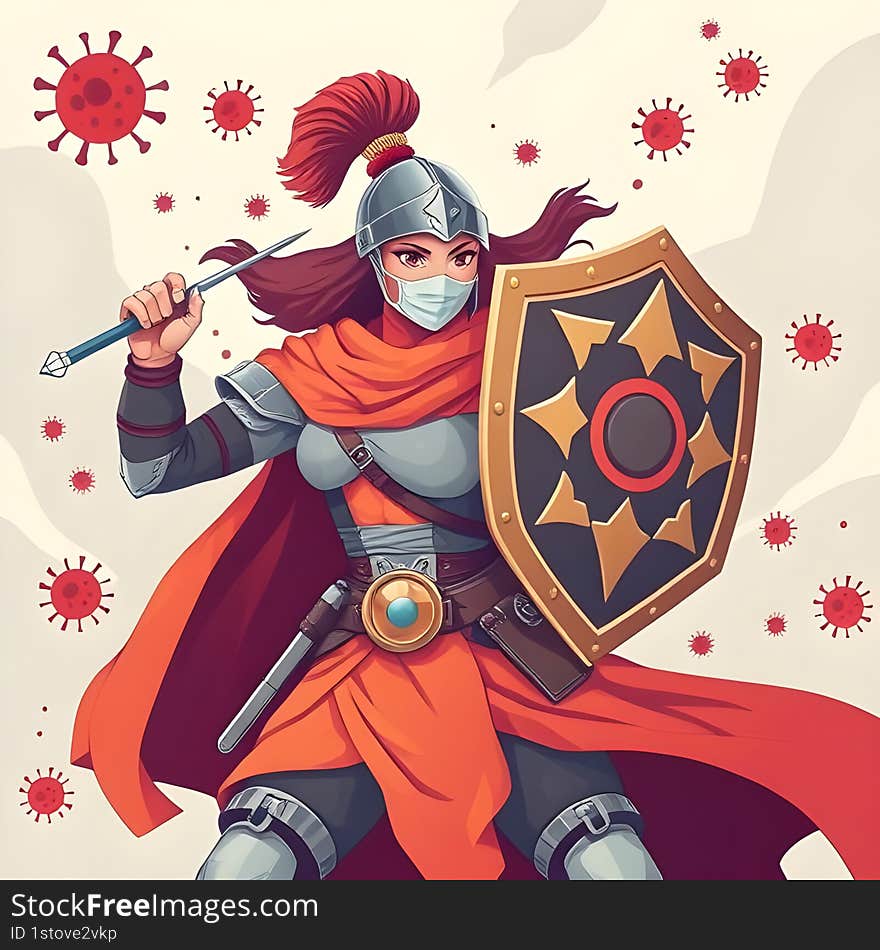 AI-generated flat  illustration of a strong female warrior wielding a vaccine syringe and shield, symbolizing pandemic protection, immunity, and global health defense in modern digital art. AI-generated flat  illustration of a strong female warrior wielding a vaccine syringe and shield, symbolizing pandemic protection, immunity, and global health defense in modern digital art