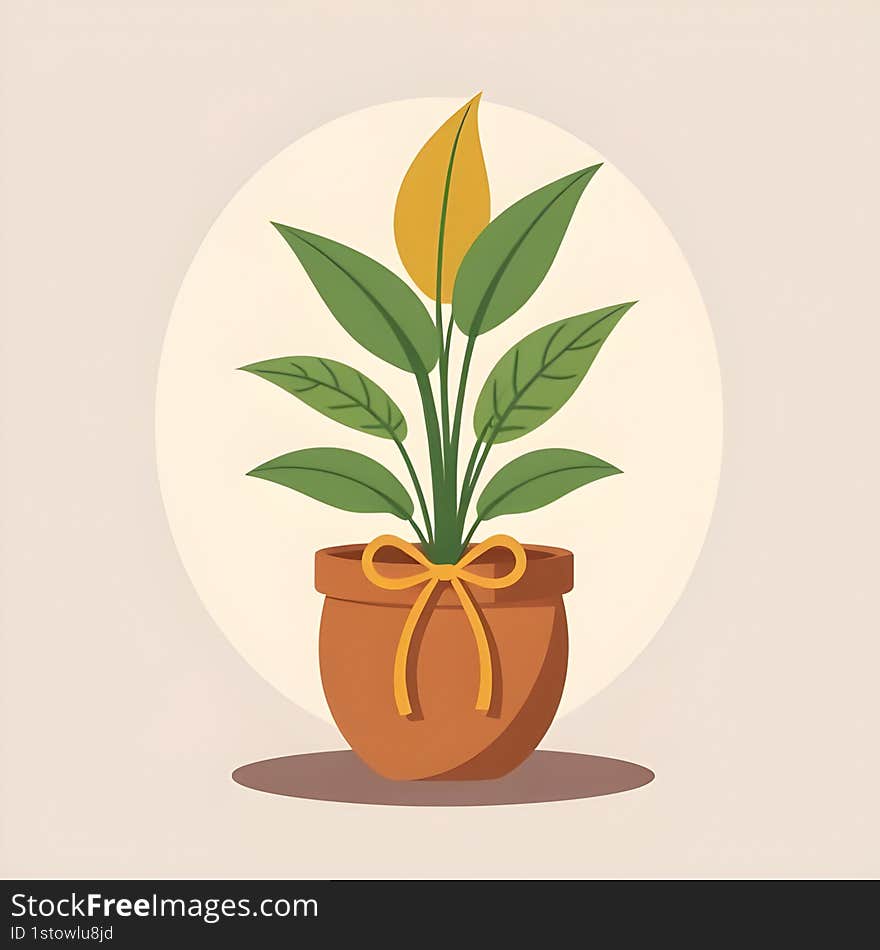 AI-generated flat  illustration of a stylish houseplant in a simple clay pot, wrapped with a decorative ribbon. Features warm earthy tones, minimalist botanical design, and home decor aesthetic. AI-generated flat  illustration of a stylish houseplant in a simple clay pot, wrapped with a decorative ribbon. Features warm earthy tones, minimalist botanical design, and home decor aesthetic