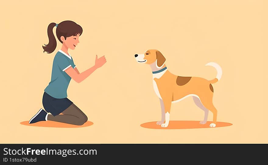 AI-generated flat  art of a girl kneeling and feeding a dog, pet training scene