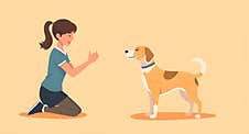 AI-generated Flat  Art Of A Girl Kneeling And Feeding A Dog, Pet Training Scene Stock Photos