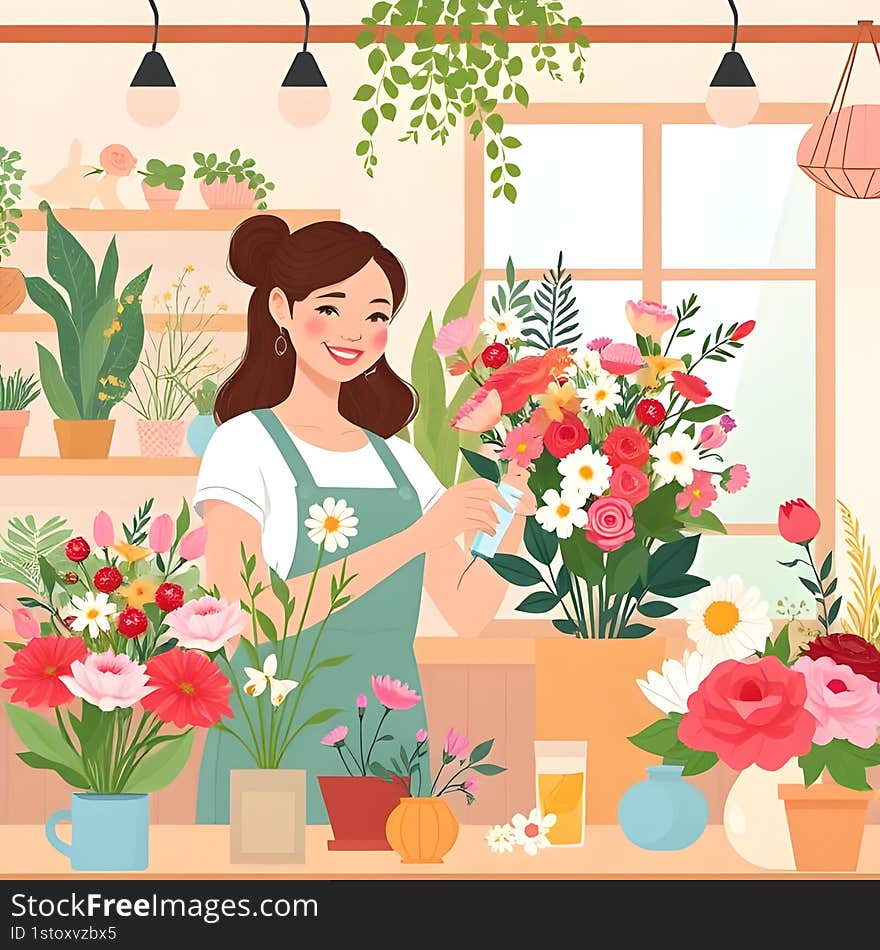 AI-generated flat-style  of a woman creating a floral arrangement in a shop