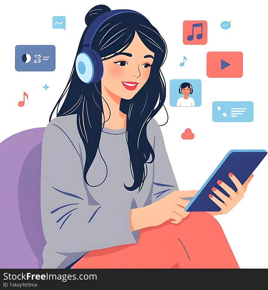 AI-generated flat  illustration of a modern girl engaging in video chats, music streaming, and social media. Highlights a digital lifestyle, online communication, and entertainment. AI-generated flat  illustration of a modern girl engaging in video chats, music streaming, and social media. Highlights a digital lifestyle, online communication, and entertainment