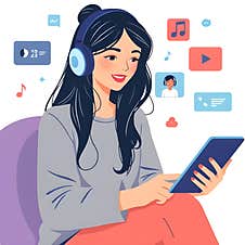 AI-generated Flat-style  Of A Girl Enjoying Social Media And Virtual Interactions Stock Photos