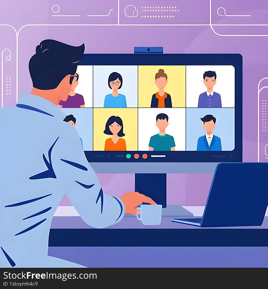 AI-generated flat-style  showing a modern man engaging in a futuristic virtual video call. Features an online meeting with participants on a large laptop screen in a digital workspace. AI-generated flat-style  showing a modern man engaging in a futuristic virtual video call. Features an online meeting with participants on a large laptop screen in a digital workspace