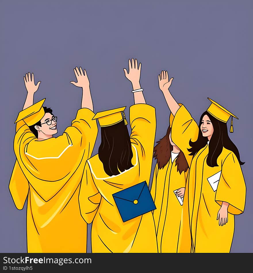 AI-generated graduation  of happy students in yellow robes celebrating success