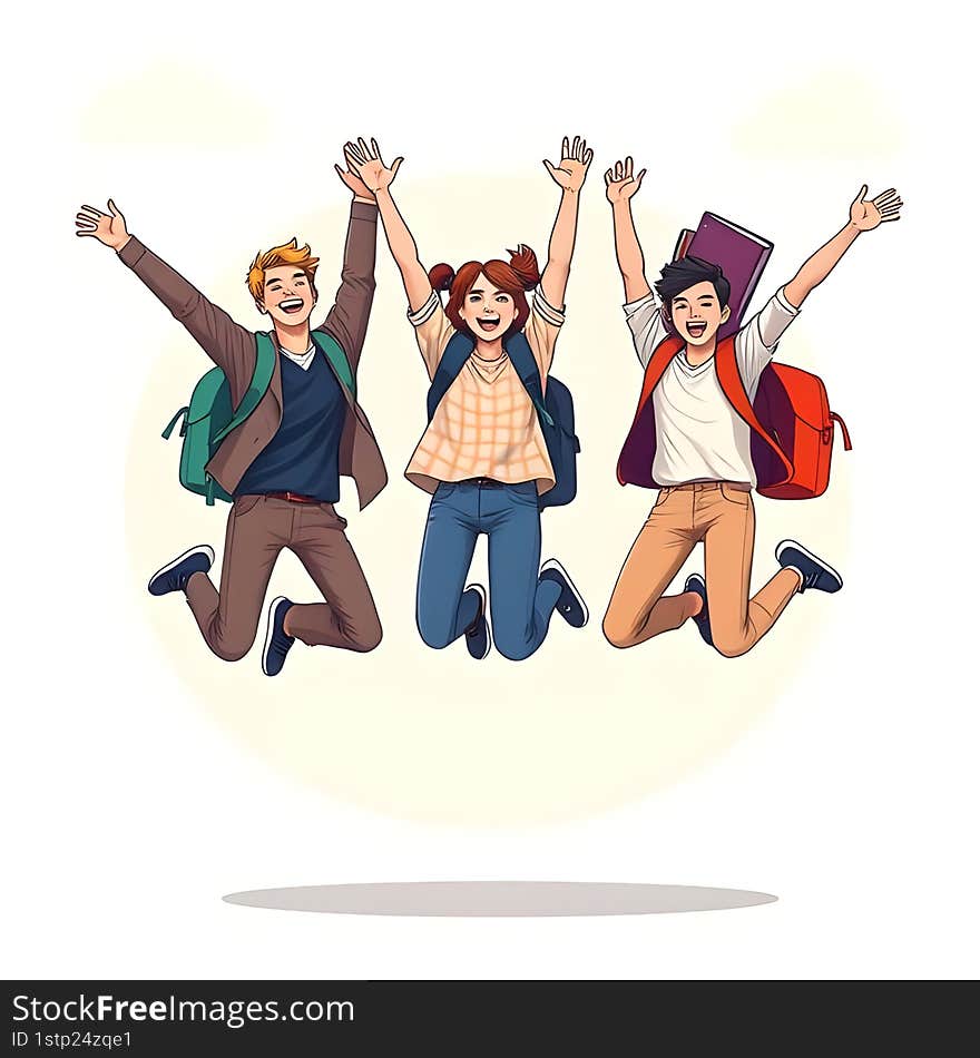 AI Generated Modern Vector Illustration of Excited Students Jumping with Backpacks