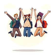 AI Generated Modern Vector Illustration Of Excited Students Jumping With Backpacks Stock Photo