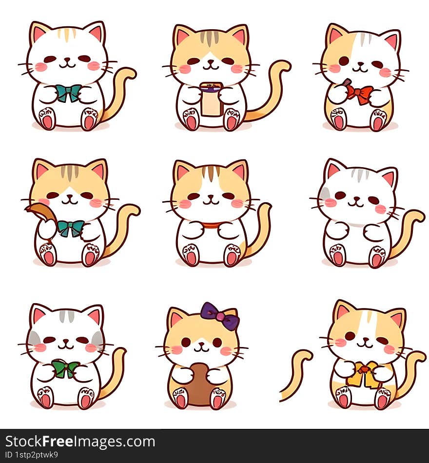 AI Generated Nine Kawaii Cat Cartoon Icons in Different Activities, Cute Illustration