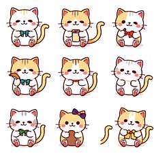 AI Generated Nine Kawaii Cat Cartoon Icons In Different Activities, Cute Illustration Stock Photo