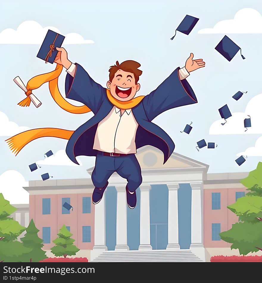 AI Generated Stylized Vector of a Joyful Graduate Floating Mid-Air, Tossing Cap