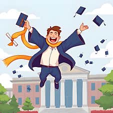 AI Generated Stylized Vector Of A Joyful Graduate Floating Mid-Air, Tossing Cap Stock Photo