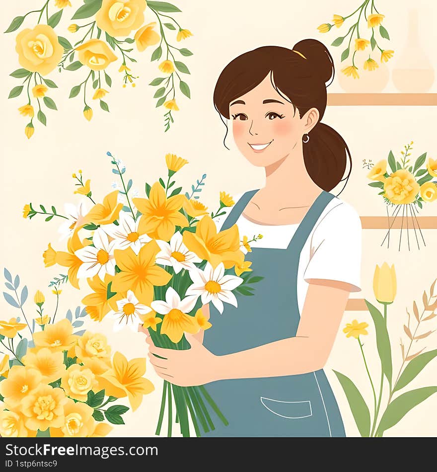 AI-Generated Cheerful Female Florist Arranging Yellow and White Flowers, Flat Art