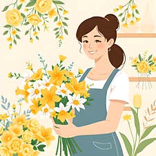 AI-Generated Cheerful Female Florist Arranging Yellow And White Flowers, Flat Art Royalty Free Stock Photography