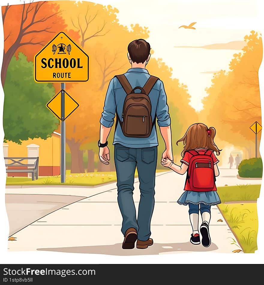 AI-Generated Warm Father-Daughter Moment Walking to School, Bus Route Sign, Backpack