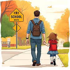 AI-Generated Warm Father-Daughter Moment Walking To School, Bus Route Sign, Backpack Stock Images