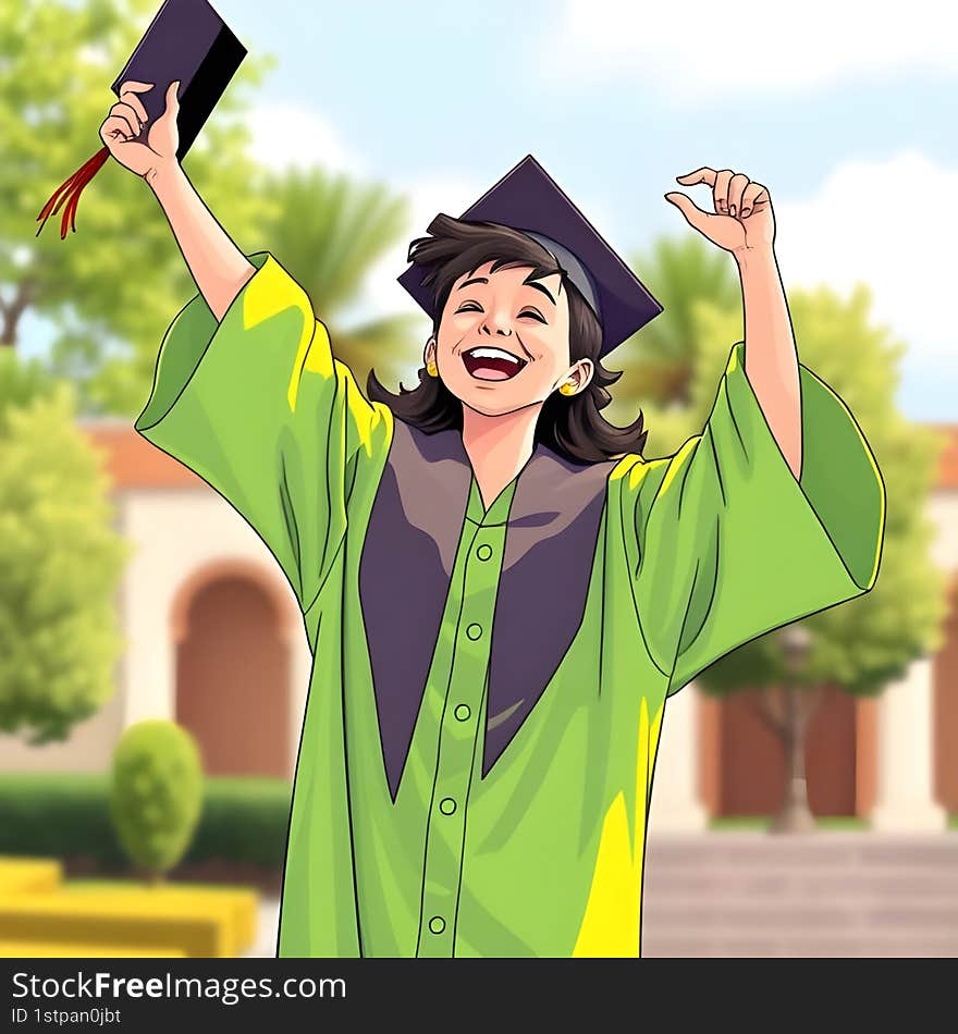 AI-Generated Joyful Graduate in Neon Green Gown Throwing Cap in the Air, Outdoor