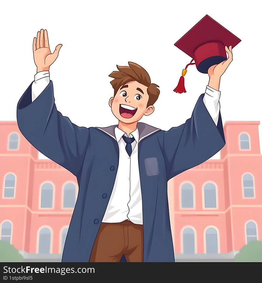 AI-Generated Joyful Graduate Throwing Cap, Holding Diploma, University Background