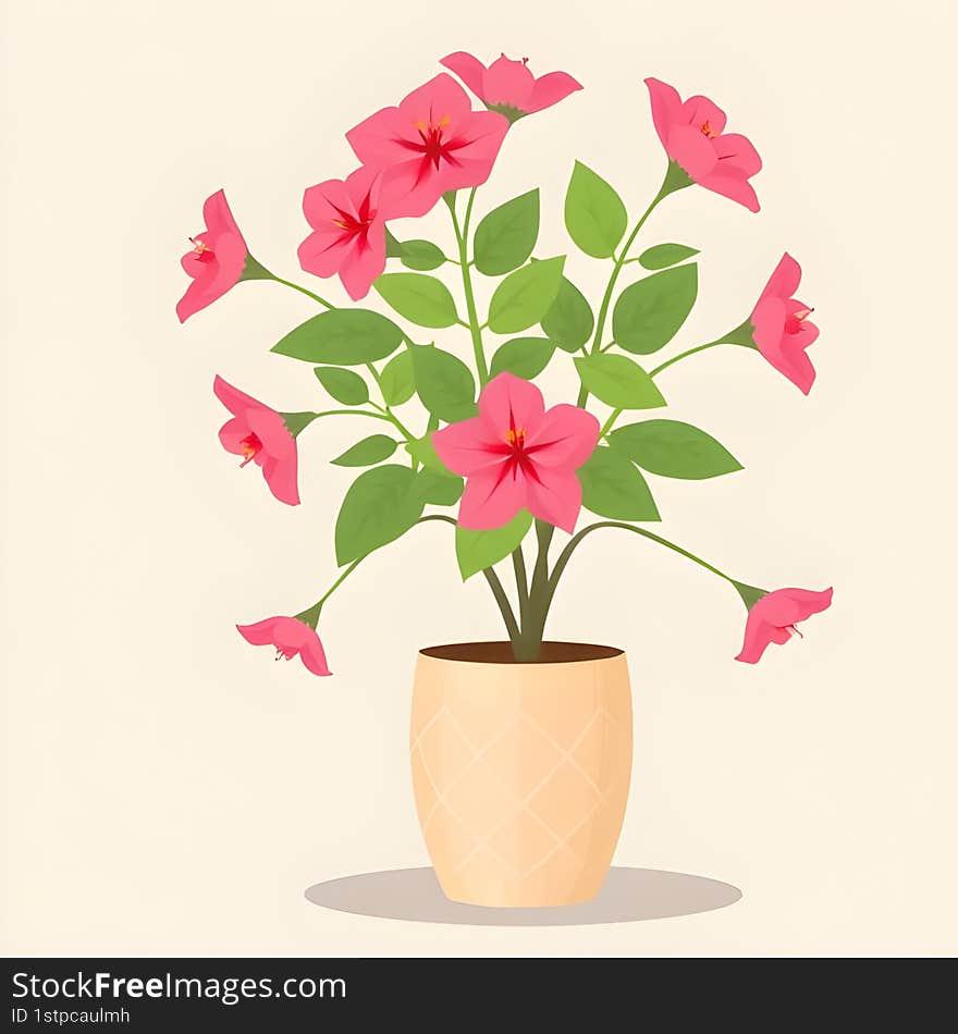 AI-Generated Potted Plant with Blooming Pink Flowers, Green Leaves, Beige Decorative Pot