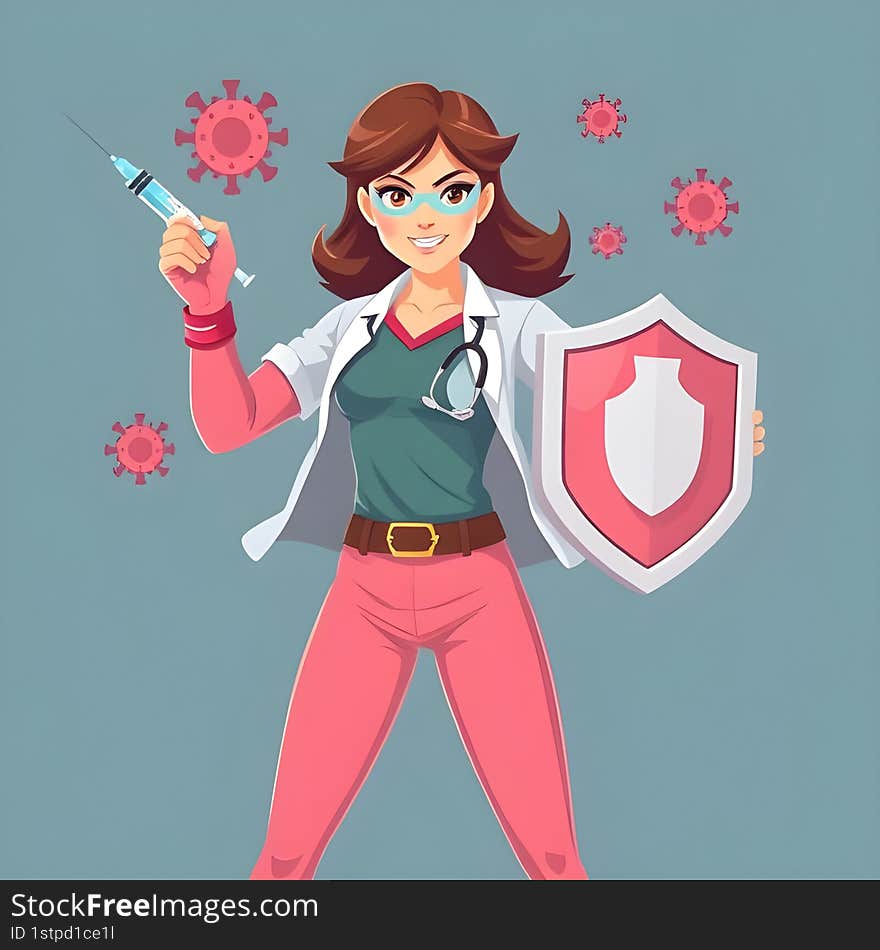 AI generated  illustration of a powerful woman using a syringe and shield to combat viruses, symbolizing healthcare protection and medical heroism in a modern flat design. AI generated  illustration of a powerful woman using a syringe and shield to combat viruses, symbolizing healthcare protection and medical heroism in a modern flat design