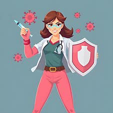 AI Generated Vector Of Strong Woman Fighting Viruses With Syringe And Shield In Healthcare Battle Royalty Free Stock Photos