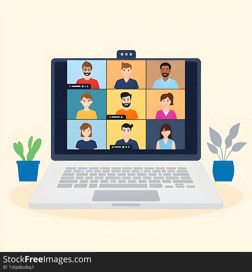 AI Generated Vector of Virtual Video Conference with Multiple People on Laptop Screen