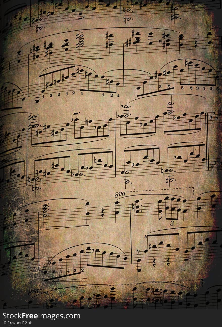 fragment of notes for playing piano as a background for artists