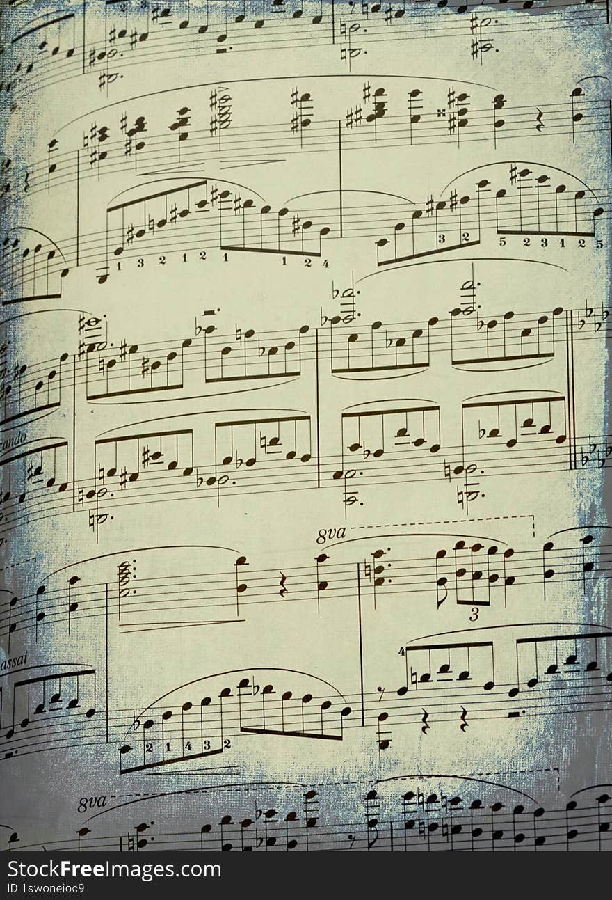 fragment of notes for playing piano as a background for artists