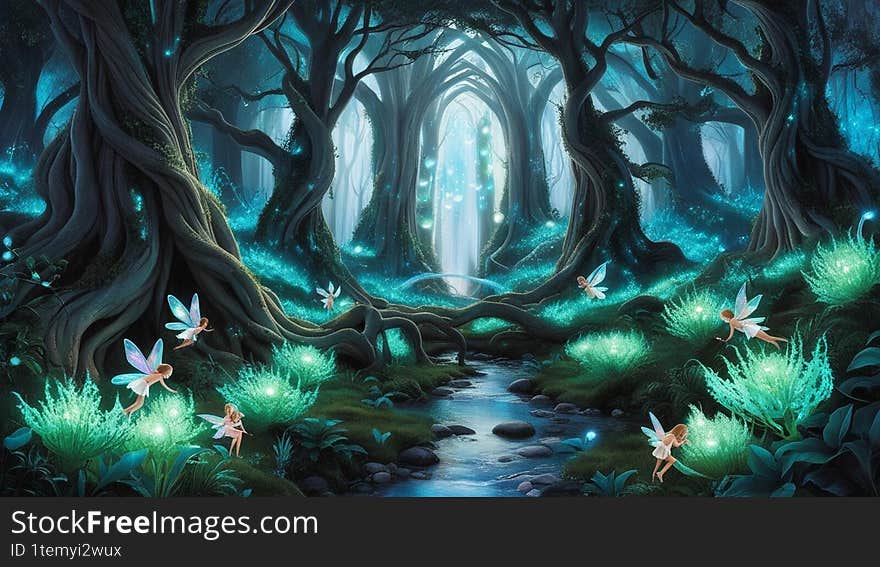 A magical forest glowing with bioluminescent plants and ethereal blue mist. Ancient, towering trees with twisted roots form a natural cathedral, while tiny glowing fairies flutter around. A crystal-clear stream flows gently through the scene, reflecting the shimmering lights of mysterious floating orbs. The atmosphere is enchanting and otherworldly