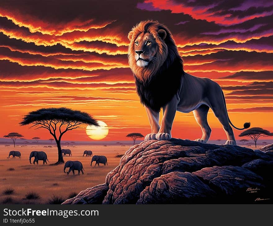 A majestic lion standing atop a rocky outcrop, silhouetted against a stunning African sunset. The sky is painted in shades of deep orange, red, and purple, casting a warm glow over the savanna. In the background, a herd of elephants gracefully roams the plains, while acacia trees add to the dramatic scenery.