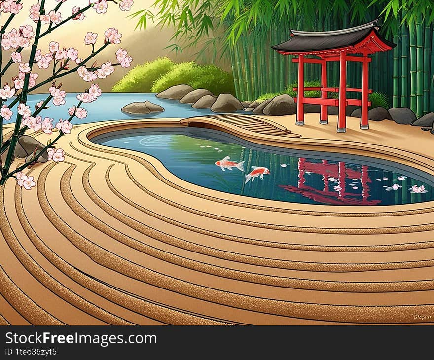 A tranquil Japanese Zen garden bathed in soft morning light, featuring a carefully raked sand pattern, a koi pond with floating cherry blossoms, and a traditional wooden bridge. A red torii gate stands in the background, framed by lush bamboo trees, evoking a sense of peace and balance