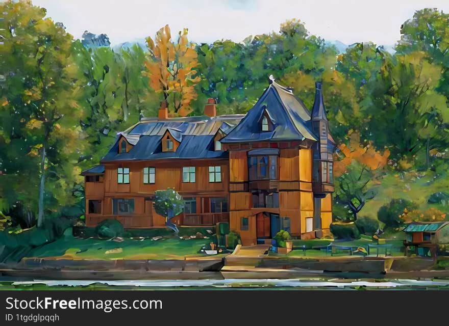 Victorian Wooden House in Skansen, Stockholm, Sweden � Autumn Scene, Digital Illustration