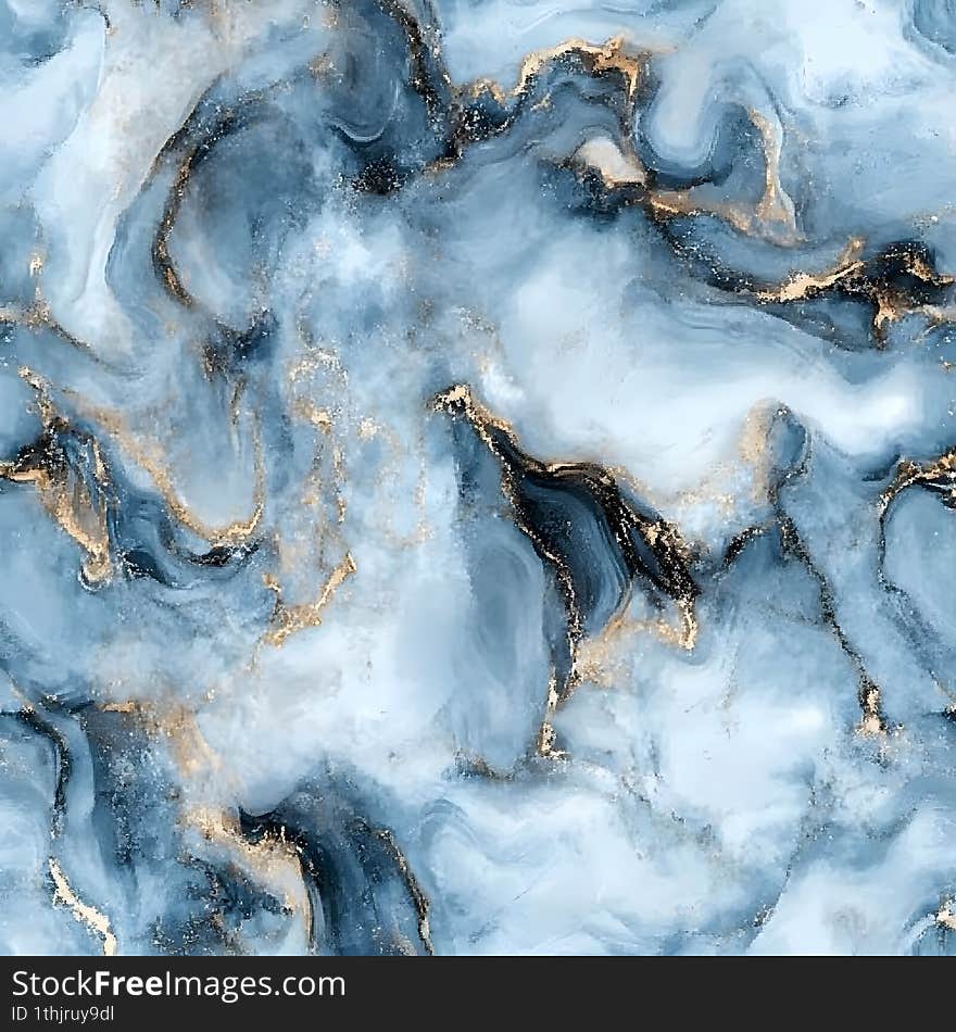 Abstract marble-like texture featuring swirling shades of blue and white with accents of gold.