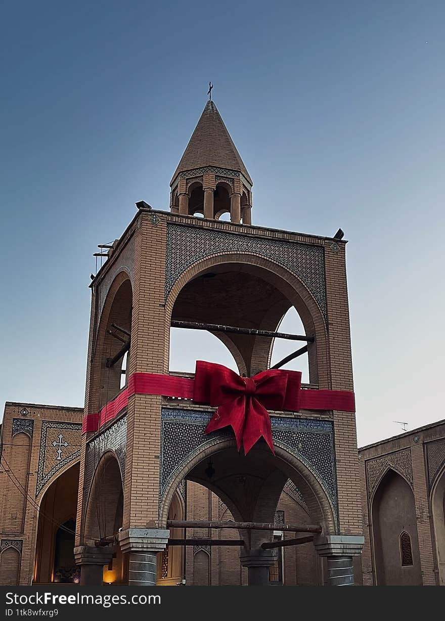 Ribbon-wrapped church in Christmas.