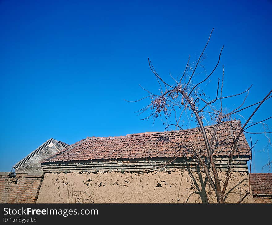 Old rural house with a weathered, red-tiled roof and mud-plastered walls. A leafless tree stands in the foreground, its branches stark against a clear blue sky. The traditional architecture suggests a rustic setting, emphasizing simplicity and a connection to nature. The structure's aged appearance evokes a sense of history and enduring stability. Old rural house with a weathered, red-tiled roof and mud-plastered walls. A leafless tree stands in the foreground, its branches stark against a clear blue sky. The traditional architecture suggests a rustic setting, emphasizing simplicity and a connection to nature. The structure's aged appearance evokes a sense of history and enduring stability.