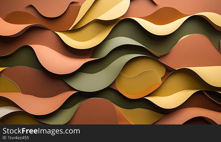 Abstract Earth Tones: Layered Organic Shapes, Fluid Paper Cut Design: Brown, Olive, and Gold, Modern Earthy Background: Abstract Wavy Layers, Organic Abstract Texture: Brown, Green, and Yellow