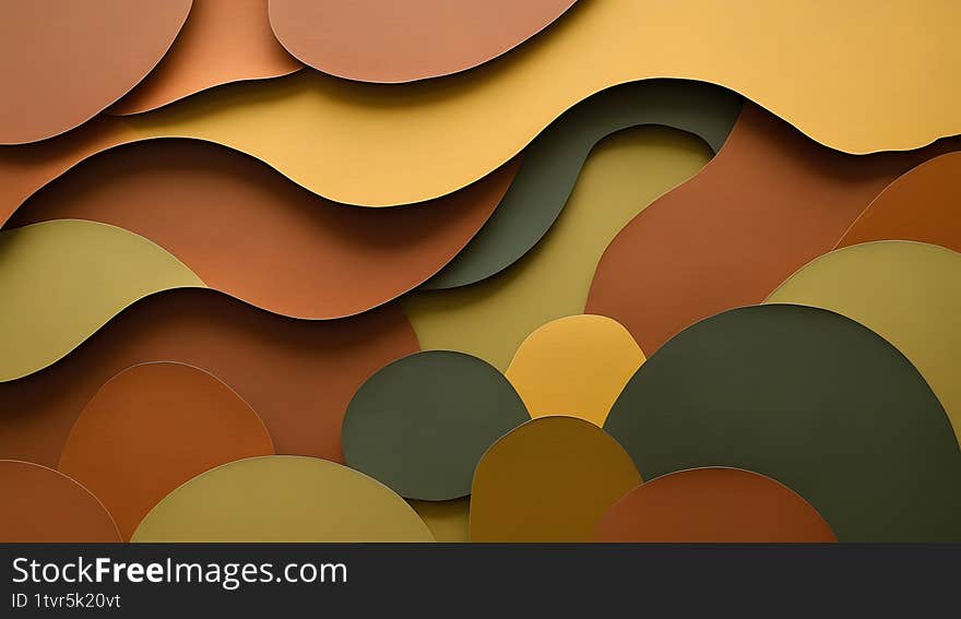 Abstract Earth Tones: Layered Organic Shapes, Fluid Paper Cut Design: Brown, Olive, and Gold, Modern Earthy Background: Abstract Wavy Layers, Organic Abstract Texture: Brown, Green, and Yellow