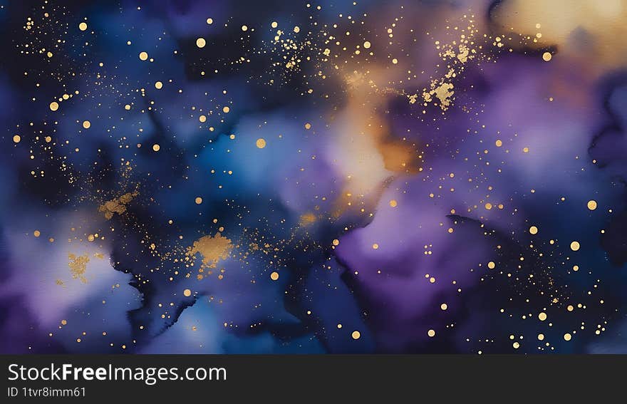 Cosmic Watercolor Texture: Deep Blue and Gold, Abstract Galaxy Background: Ink and Gold Splatter, Night Sky Watercolor