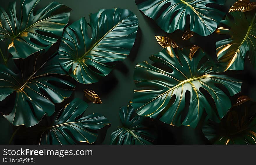 Lush Golden Monstera Leaves: Tropical Elegance, Dark Green Monstera Foliage with Gold Accents, Tropical Leaf Pattern: Deep Green and Gold, Elegant Monstera Deliciosa: Botanical Art with Gold Veins