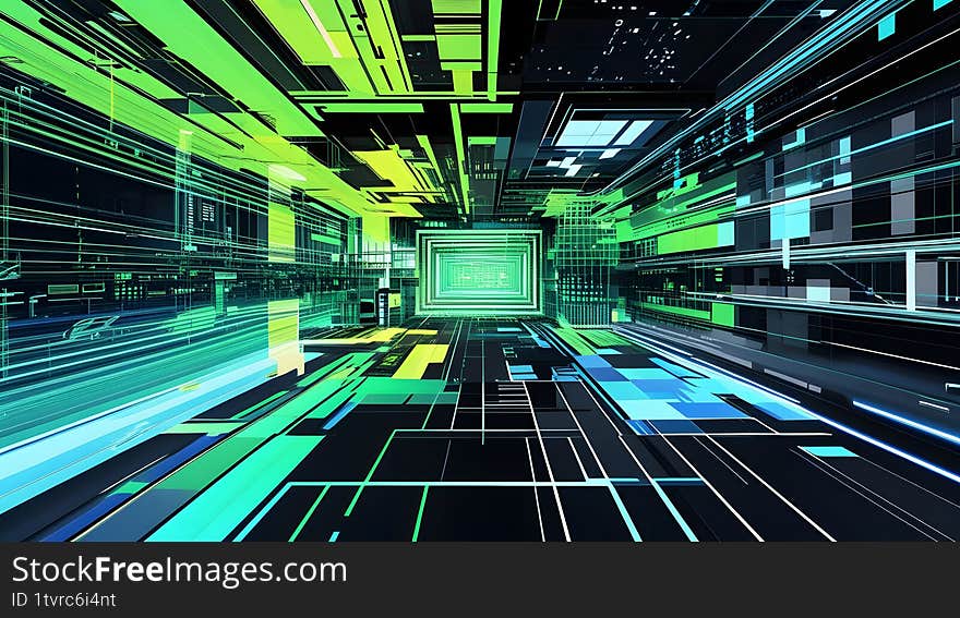 Cybernetic Corridor: Abstract Technological Tunnel, Digital Data Stream: Futuristic Information Pathway, Technological Abstraction: Glowing Circuitry Tunnel, Virtual Reality Tunnel: Abstract Cybernetic Space