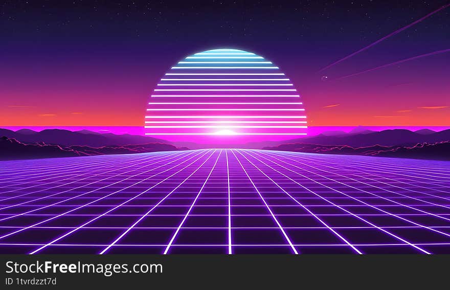 Synthwave Sunset: Retro Futuristic Landscape, 80s Inspired Gridscape: Neon Sunset Horizon, Retro Wave Background: