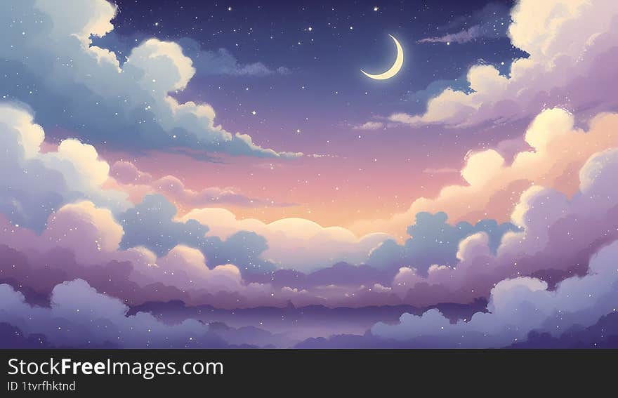 Dreamy Night Sky with Crescent Moon and Colorful Clouds, Serene Evening Fantasy Sky Illustration, Whimsical Twilight