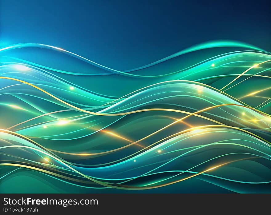 Serene Abstract Background Glowing BlueGreen Waves Intertwined with Golden Lines Creating a Tranquil and Modern Visual