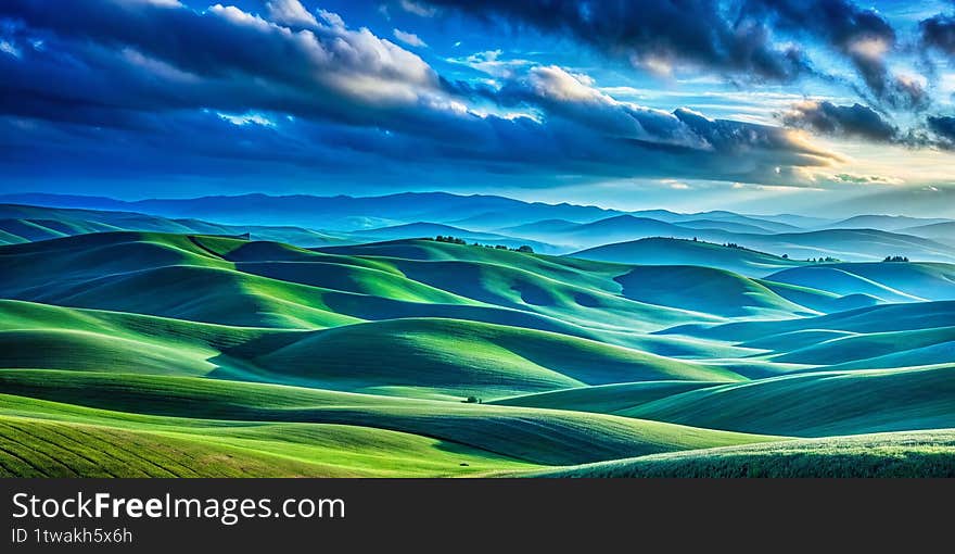 Enveloping Azure A Digital Impression of Serene Rolling Hills and a Tranquil Sky Abstract Landscape Art