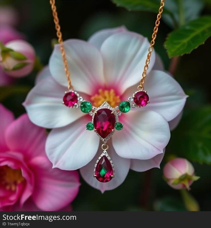 Vibrant red rubies and lush green emerald, elegantly set in a luxurious gold design, perfect for special occasions. Vibrant red rubies and lush green emerald, elegantly set in a luxurious gold design, perfect for special occasions