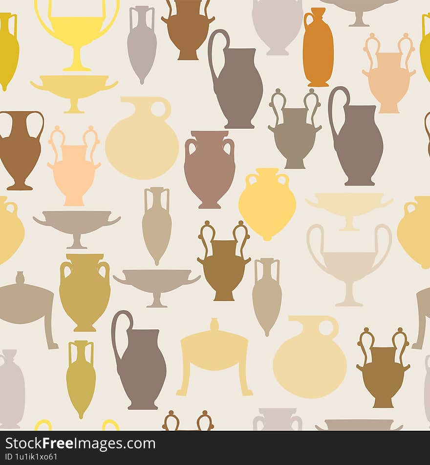 Ancient pottery seamless pottery  ancient ceramic silhouettes together in seamless pattern  can be used for prints