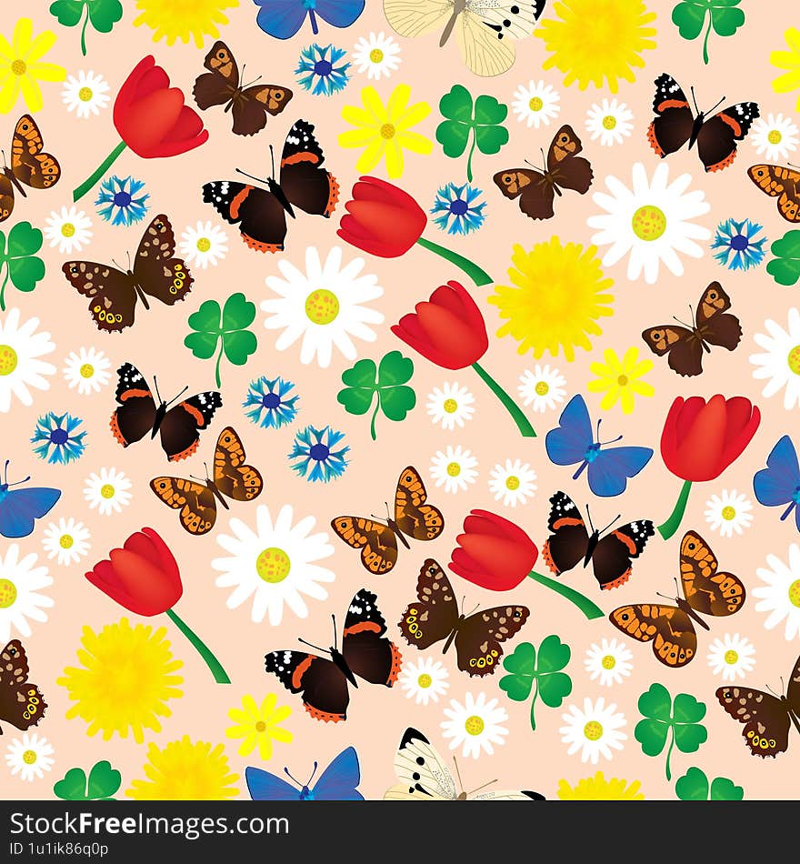 Seamless colorful pattern with butterflies and flowers  different species of butterflies and different flowers with clover leaves