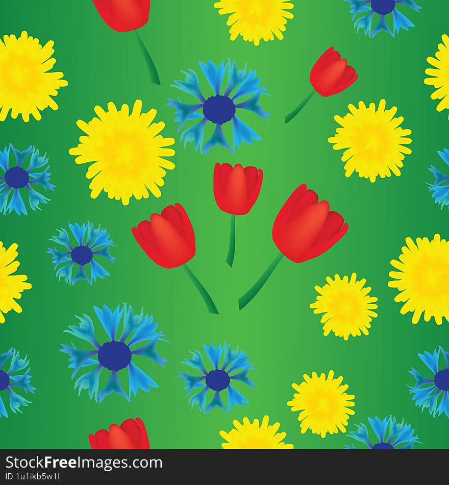 Dandelion cornflower and tulip seamless ethnic abstract pattern