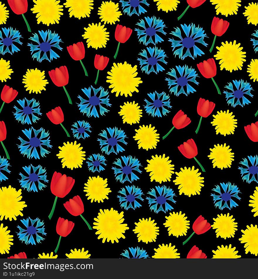 Tulip dandelion and cornflower flowers seamless pattern with black background   seamless with realistic flowers made with mesh flower