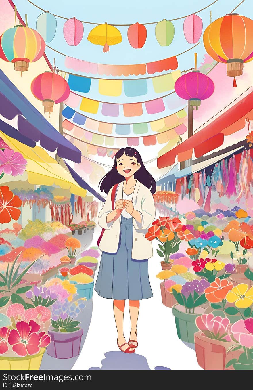A anime cartoon girl in a colorful flower market. A anime cartoon girl in a colorful flower market